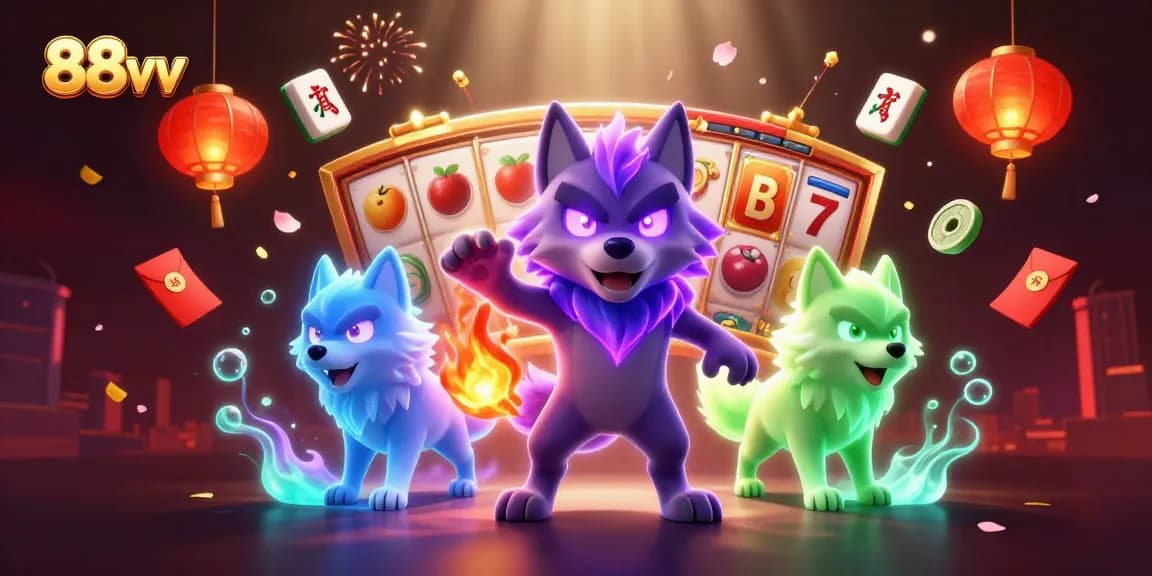 Bettors spin the reels at 88vv featuring enchanted wolves, slot symbols, and vibrant gaming elements.