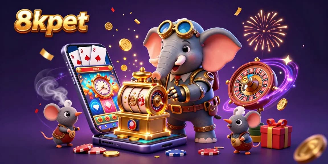 Experience the thrill of 8xbet with a dynamic casino scene featuring a steampunk elephant and colorful slot games.