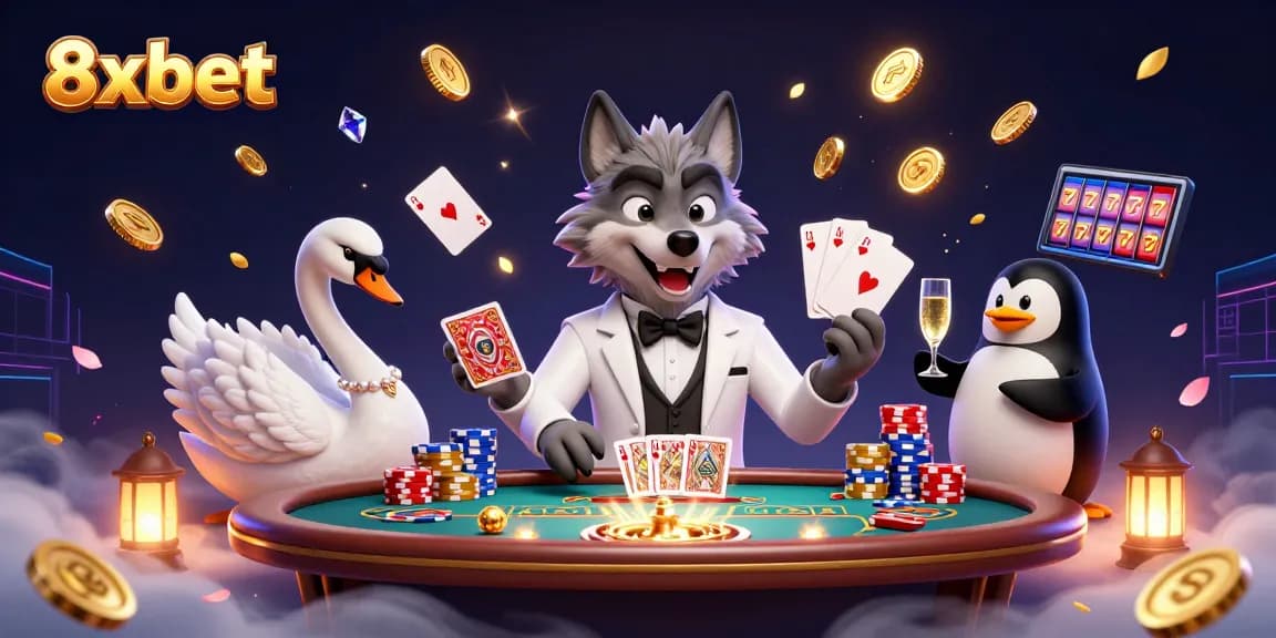 Experience excitement at 8xbet with a dynamic casino scene featuring characters at a baccarat table.