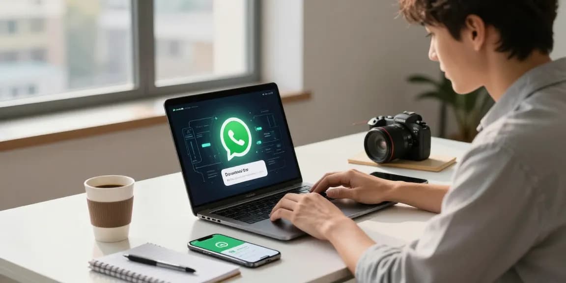 WhatsApp下載 on a laptop in a contemporary workspace with coffee and gadgets.