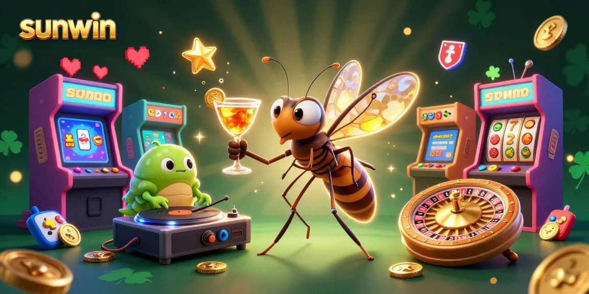 Experience sunwin's vibrant casino atmosphere with a unique 3D illustration showcasing winning characters.