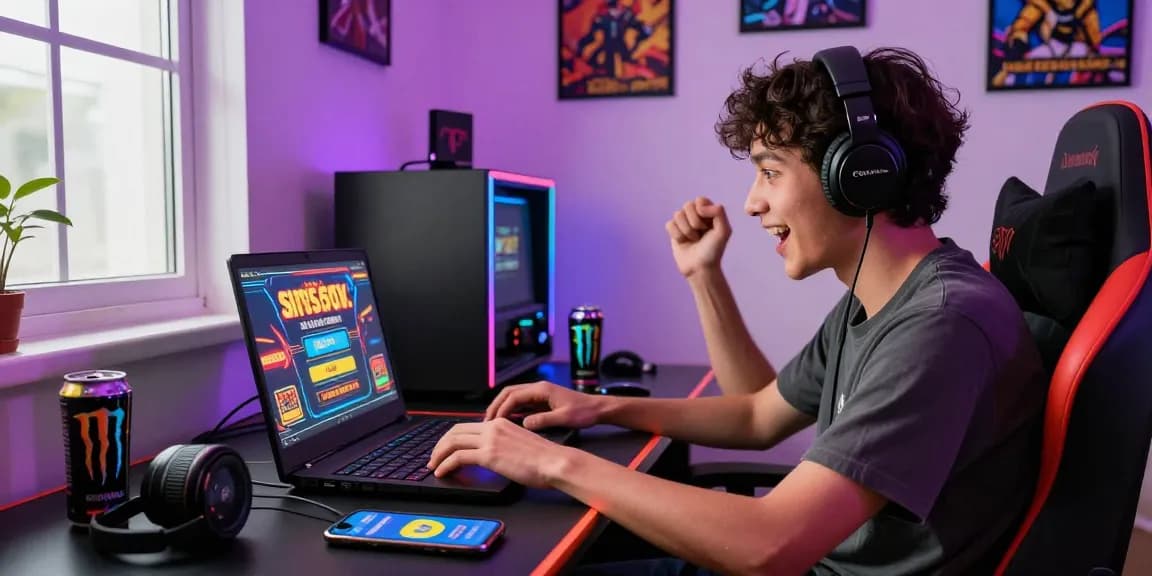 Excited gamer playing at situs slot deposit 10 ribu setup, lively gaming accessories on display.
