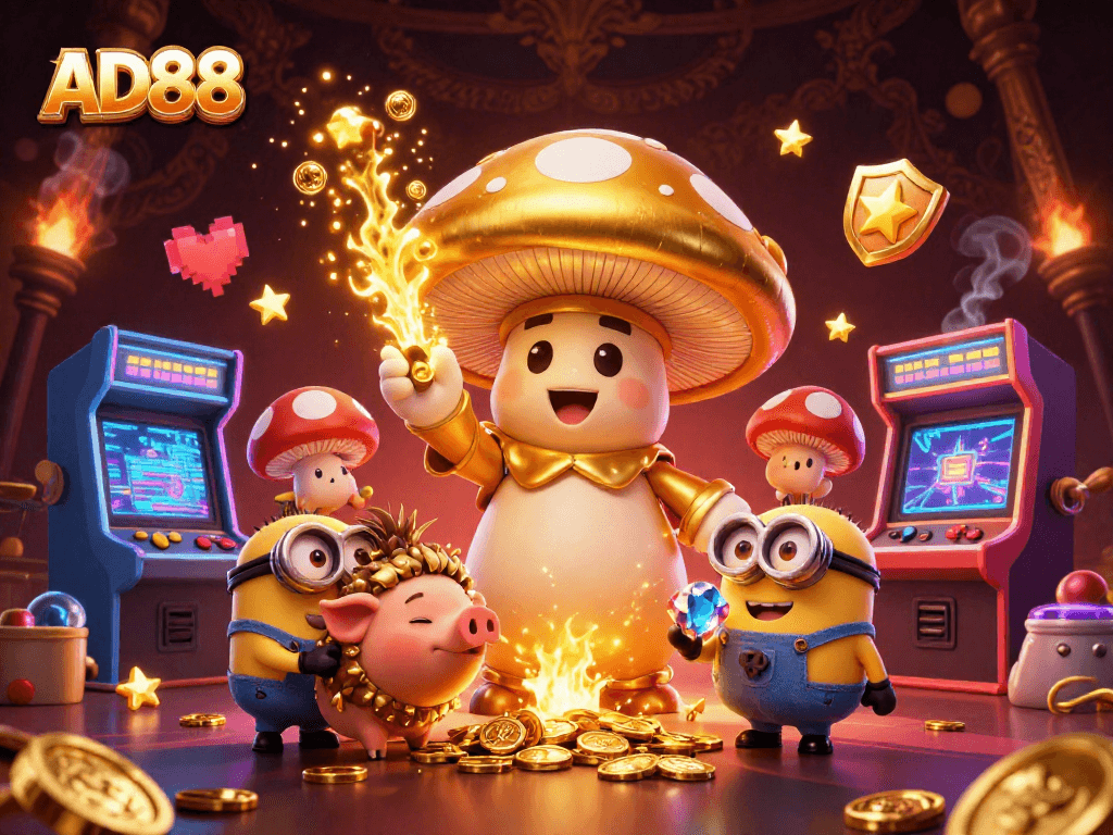 Engage in exciting gaming with AD88’s vibrant characters and colorful casino elements.