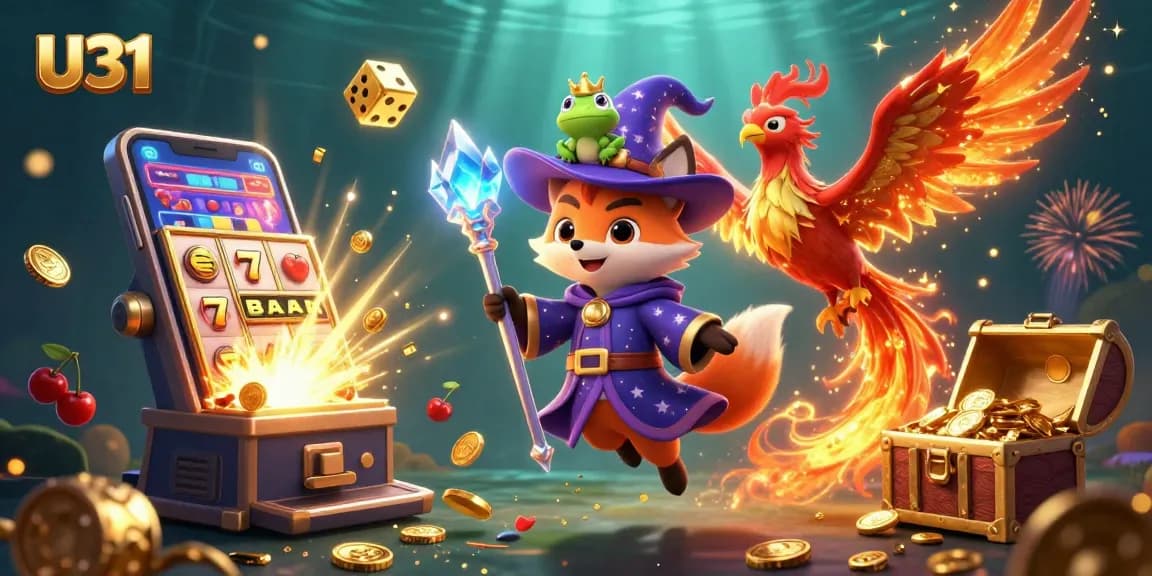 Experience U31's thrilling casino game adventures with a wizard fox and phoenix in a vibrant slot scene.