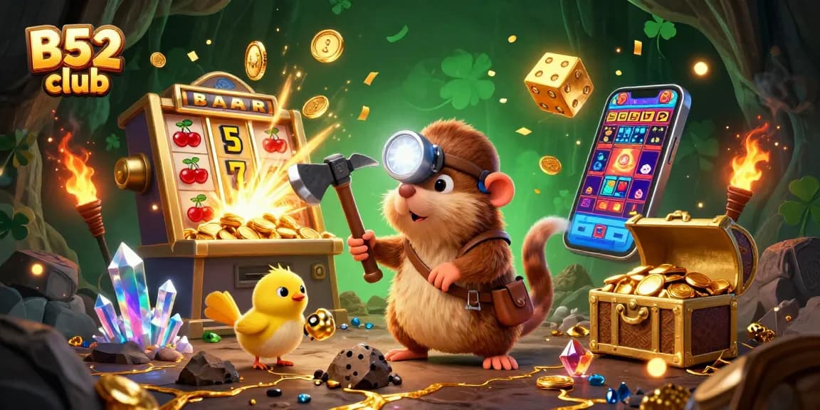 Experience excitement at B52 club with a treasure-hunting mole amid dynamic casino elements.