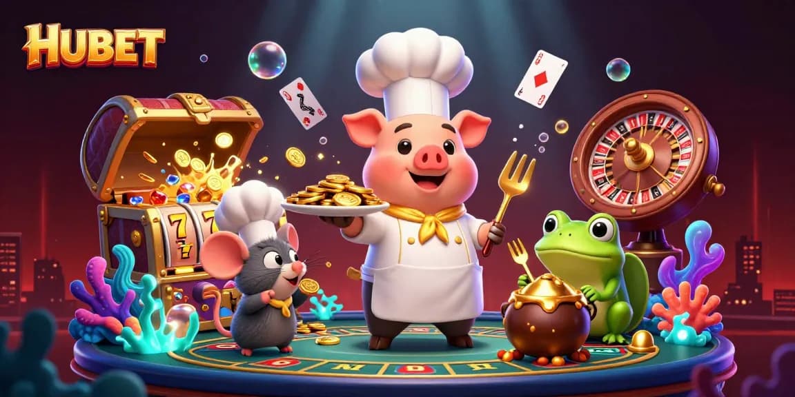 HUBET showcases a vibrant 3D scene with characters celebrating wins amidst casino gaming elements.