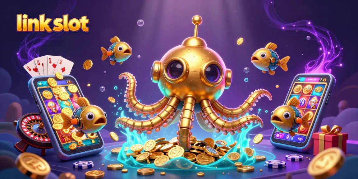 Mengakses link slot melalui ilustrasi kartun 3D yang menampilkan kraken menakjubkan dan mesin slot yang menggairahkan.