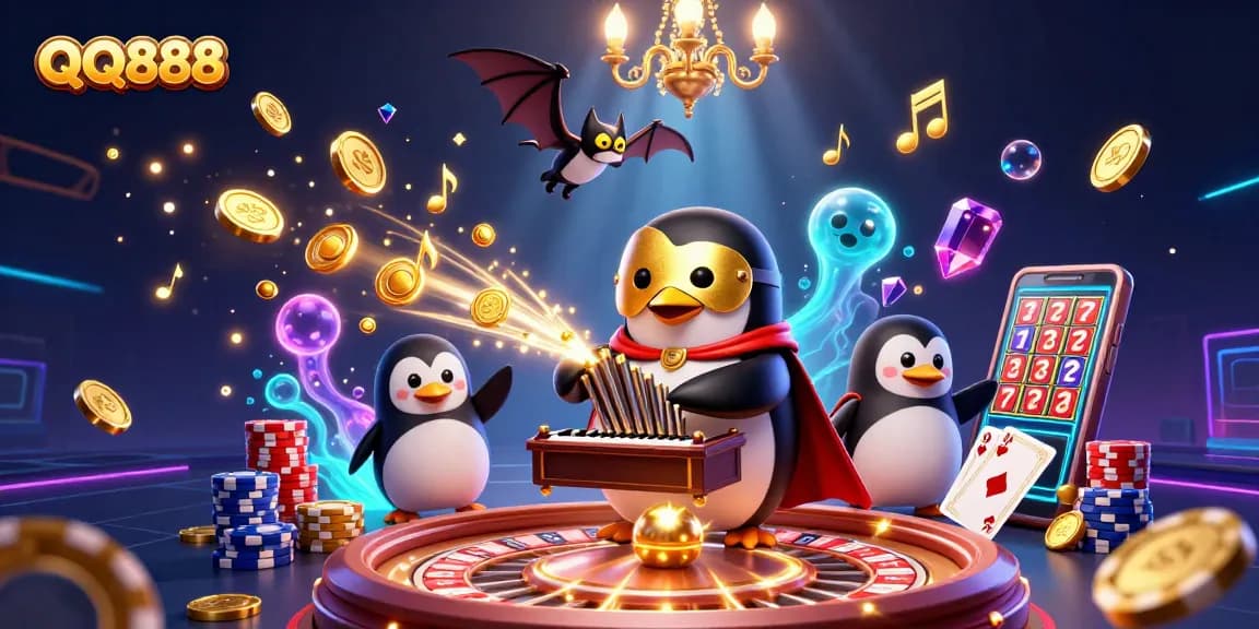 Experience QQ888's exciting online casino with a vibrant scene of animated characters and golden treasures.