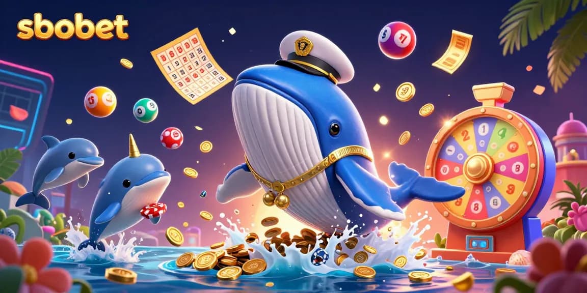 SBOBET's lively gaming scene with a whimsical whale, playful dolphins, and bouncing lottery balls.