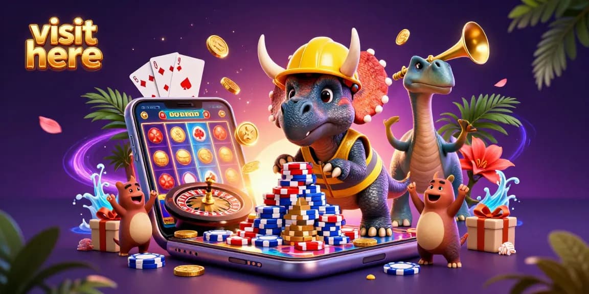 Visit here at this vibrant casino scene with triceratops building poker chips amidst slot games and excitement.