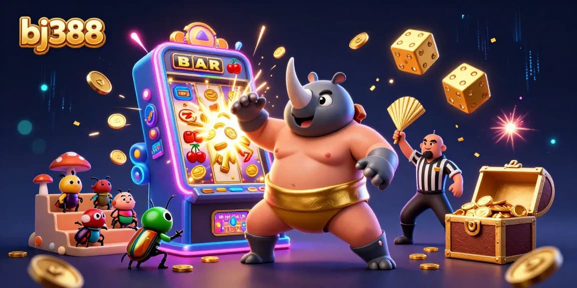 Bj388's thrilling casino experience presented with a dynamic 3D scene of action and excitement.