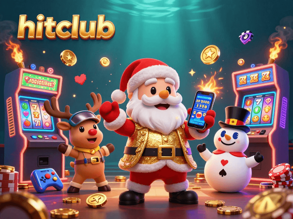 Hitclub's lively casino illustration showing Santa with jackpot slots, reindeer dealer, and poker snowman.