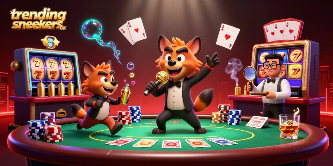Engage with trending sneakers UK in a dynamic casino scene featuring hyena characters.