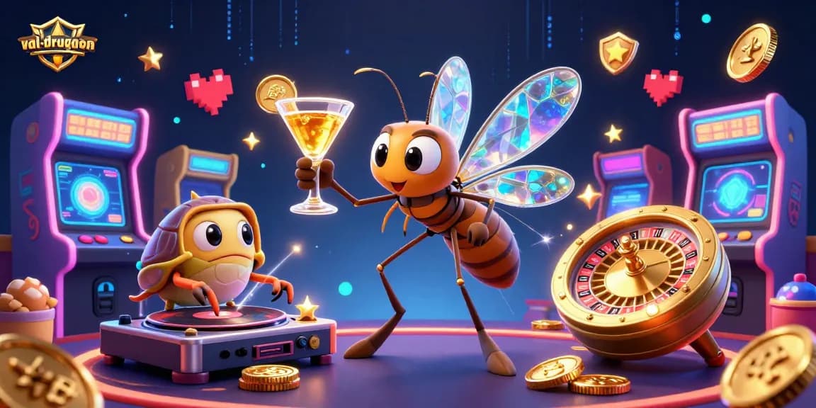 val-drugeon showcases an animated casino scene with vibrant characters and game elements.