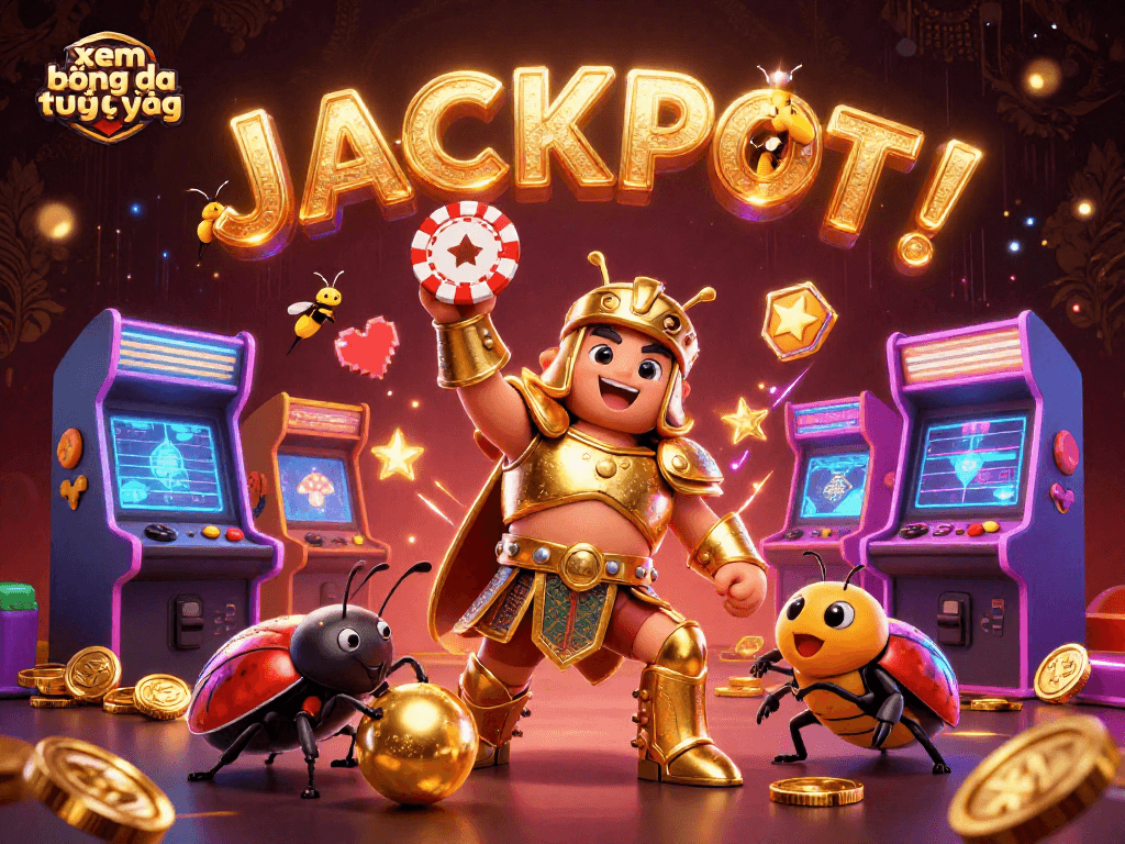 Experience xem bóng đá trực tiếp excitement with a victorious beetle champion in a vibrant gaming scene.