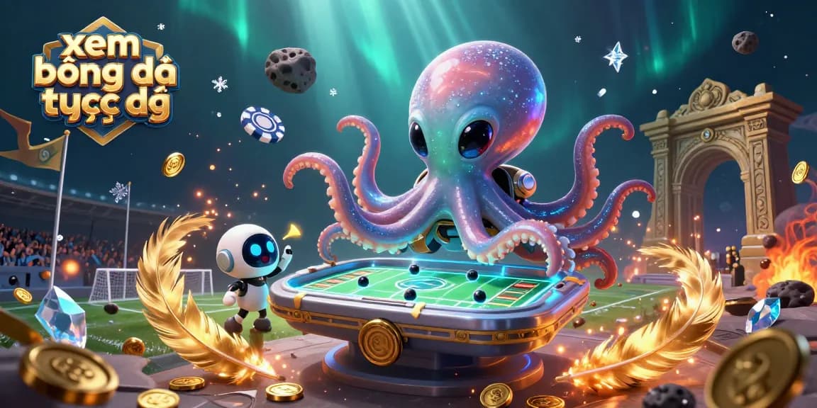 Bet on soccer in style with xem bóng đá trực tiếp featuring a cartoon alien octopus at a holographic table.