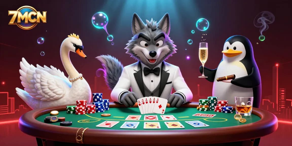 Watch the 7MCN wolf and friends engaging in exciting baccarat action at the casino.