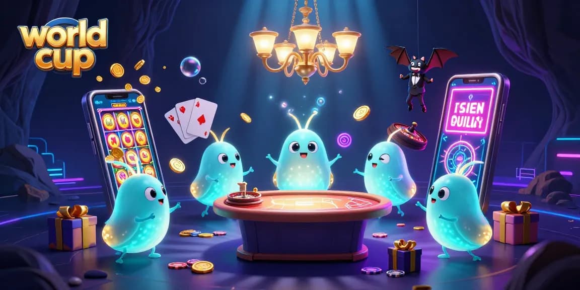 Experience the excitement of the world cup in this vibrant casino scene featuring animated glowworms and dynamic gaming elements.