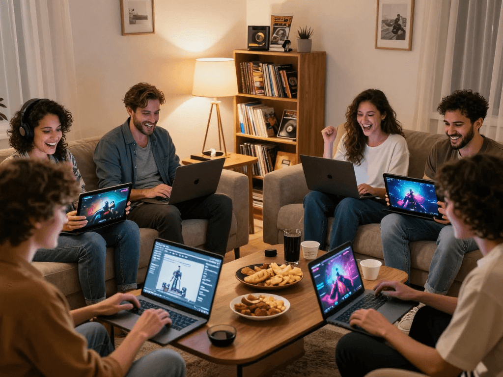 Engaged adults enjoying sex games together in a cozy living room setting, showcasing laughter and interaction.