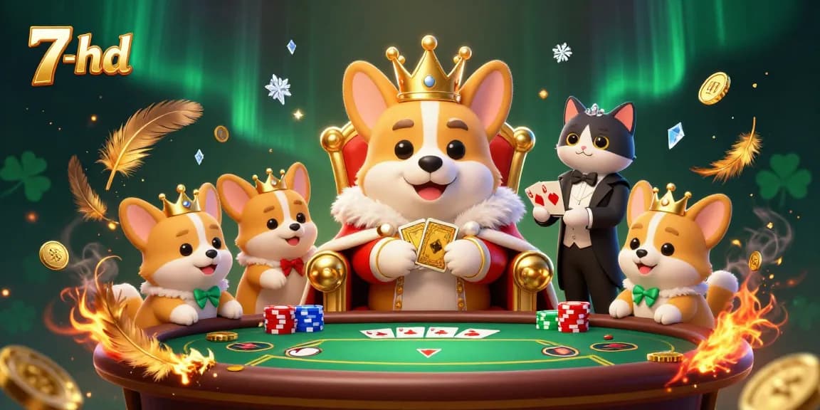 Engage with thrilling poker scenes showcasing 7-hd's unique gaming experience with royal corgi characters and golden tokens.