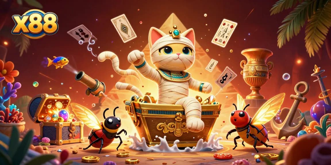 x88 cat mummy bursts from a sarcophagus, joined by a glowing scarab, showcasing lively casino elements.