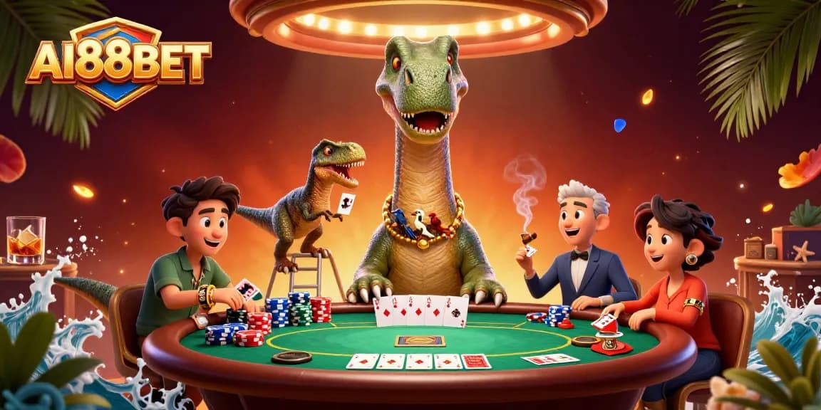 AI88BET showcases a vibrant 3D casino scene with a giant brontosaurus observing a poker table.