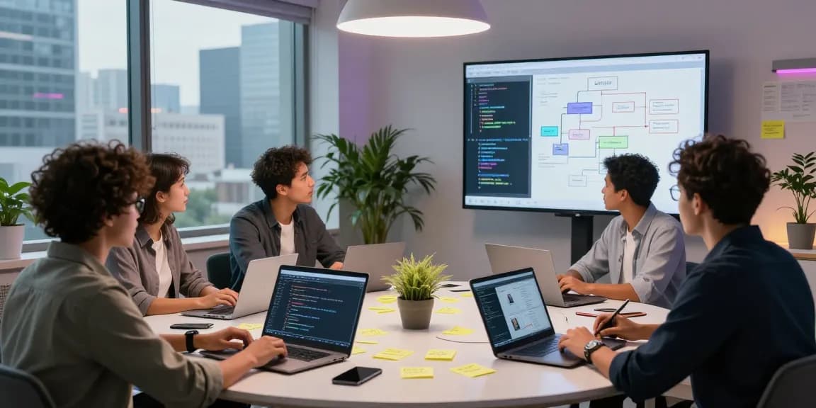 Innovative AI development team brainstorming creative solutions with juicy ai technologies in a modern workspace.