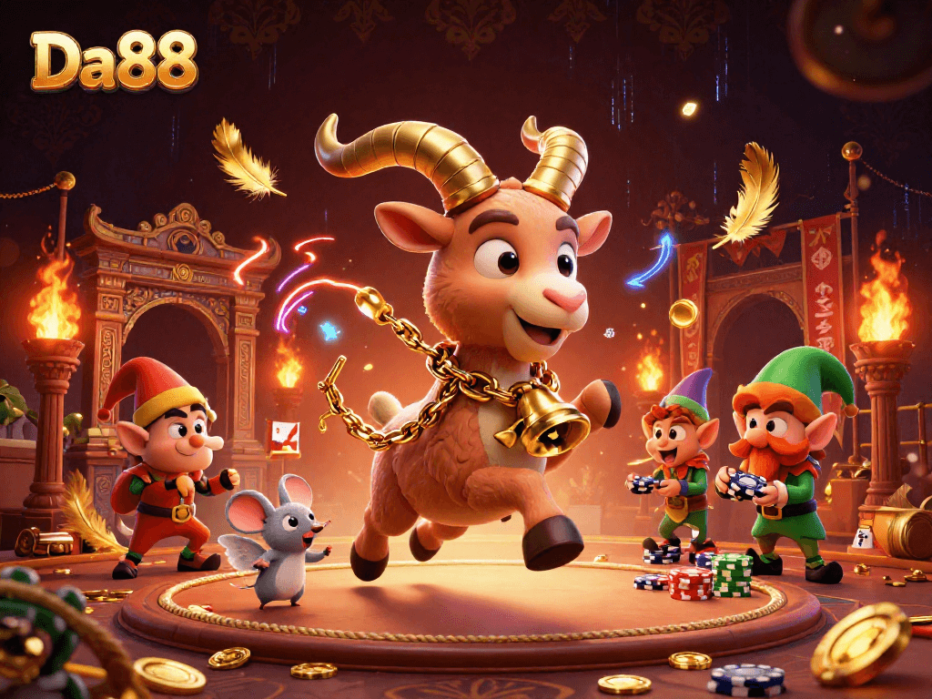 Spin and win at Da88 with 3D cartoon characters in a whimsical casino scene.