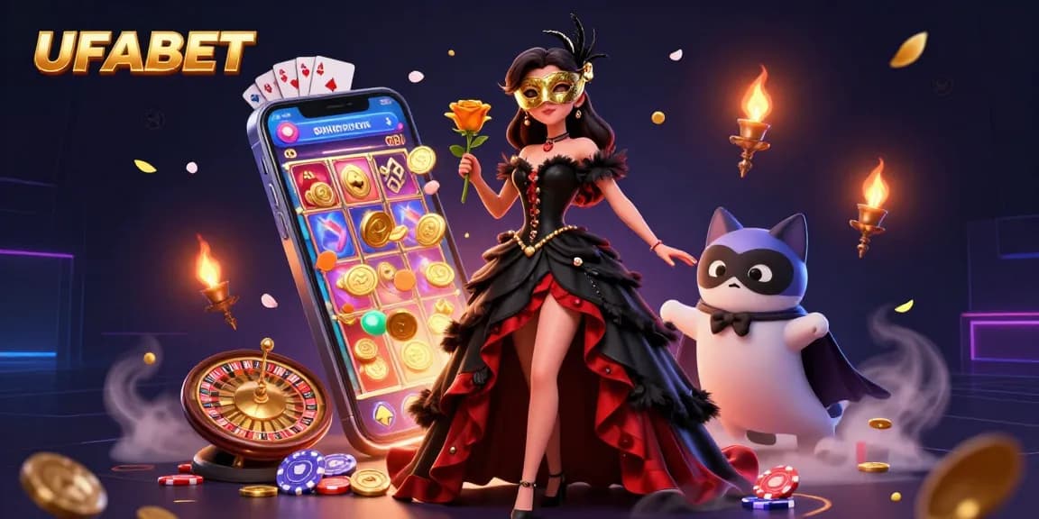 Play thrilling slots with UFABET amidst rich 3D casino visuals featuring vibrant characters.