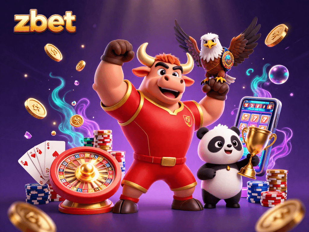 Zbet players celebrating with a bull mascot, eagle, and panda among casino elements.