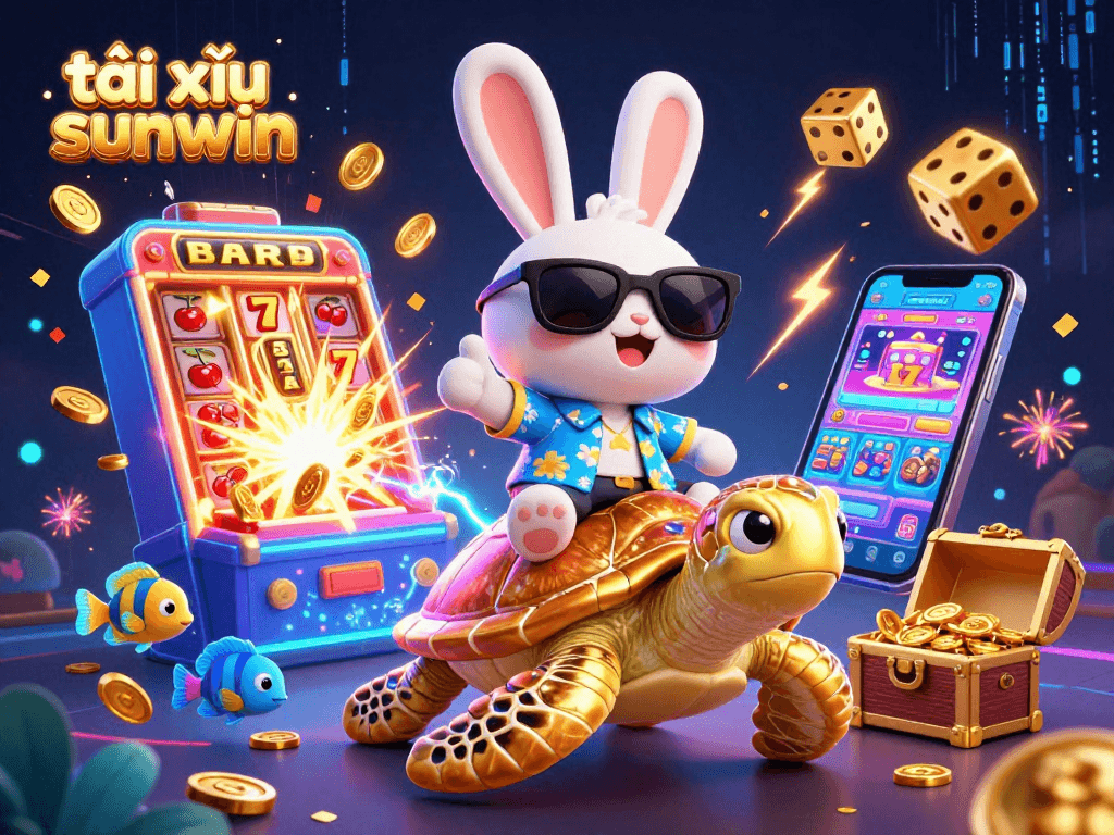 Experience the thrill of tài xỉu sunwin with the lucky rabbit and golden turtle in a vibrant casino scene.