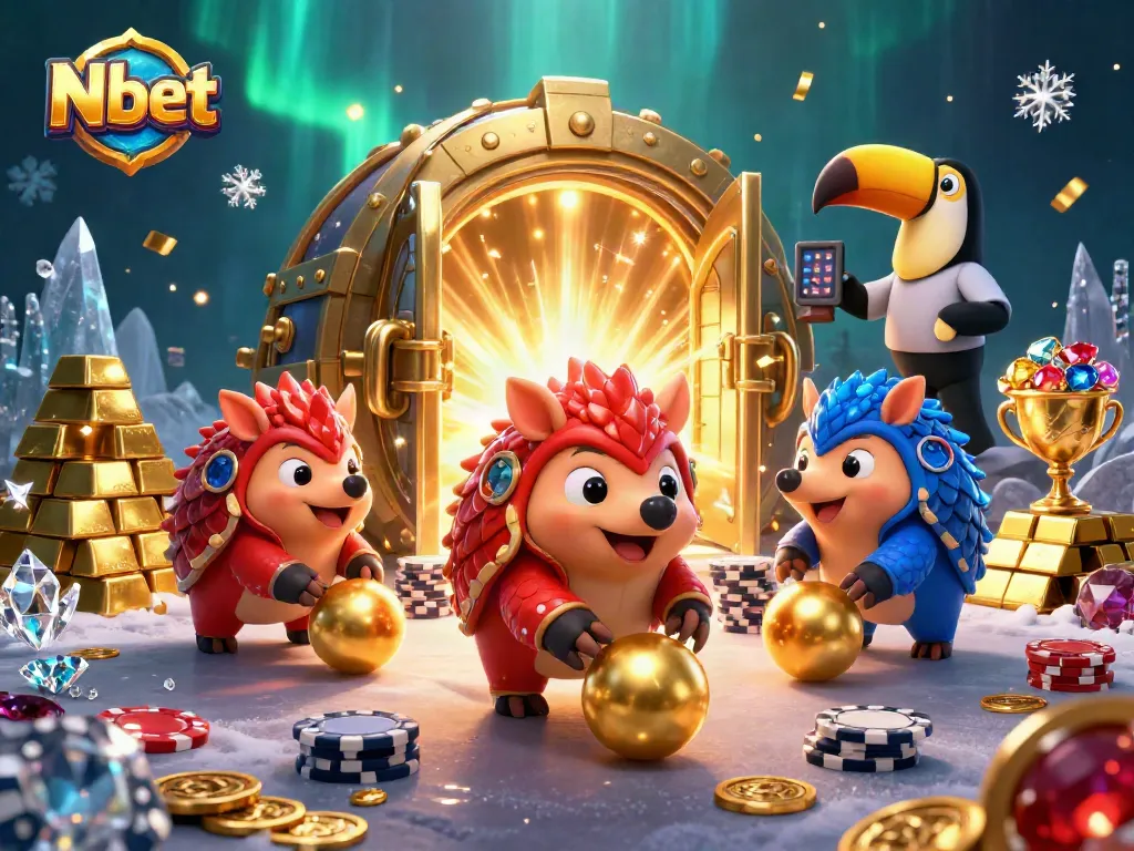 Nbet pangolins compete in a casino scene rolling golden balls with poker chips, showcasing high-energy gameplay.