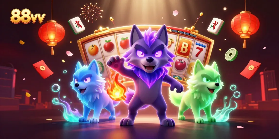 Bettors spin the reels at 88vv featuring enchanted wolves, slot symbols, and vibrant gaming elements.