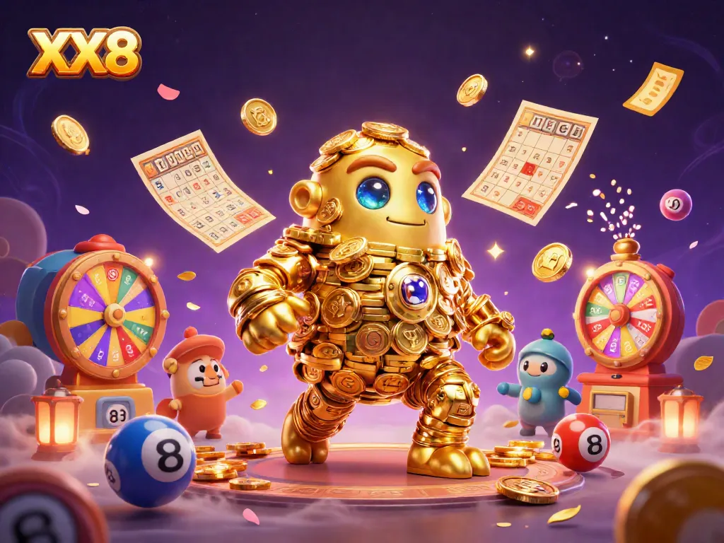 Engage in thrilling winnings at XX8 with golden coin golem and vibrant gambling elements.