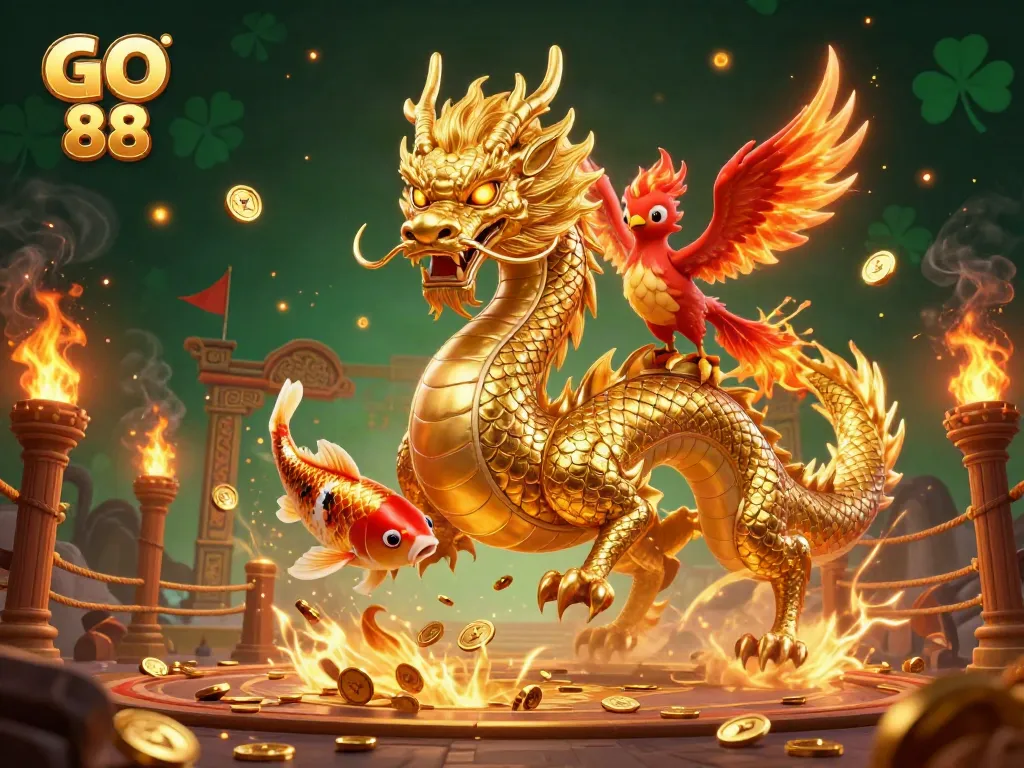 Engage with GO 88's thrilling online casino adventures, featuring a golden dragon and phoenix among gold coins.