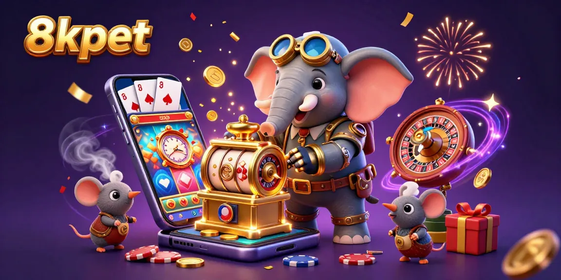 Experience the thrill of 8xbet with a dynamic casino scene featuring a steampunk elephant and colorful slot games.