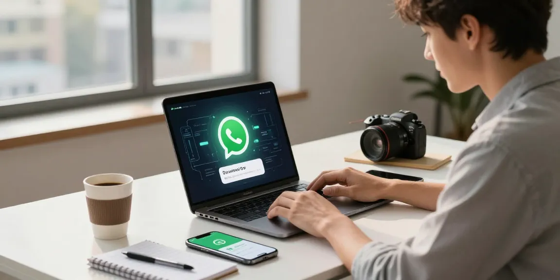 WhatsApp下載 on a laptop in a contemporary workspace with coffee and gadgets.