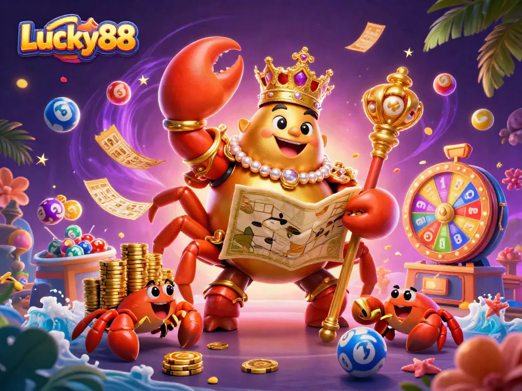 Experience the excitement of Lucky88 with a golden crab emperor amidst vibrant gambling elements.