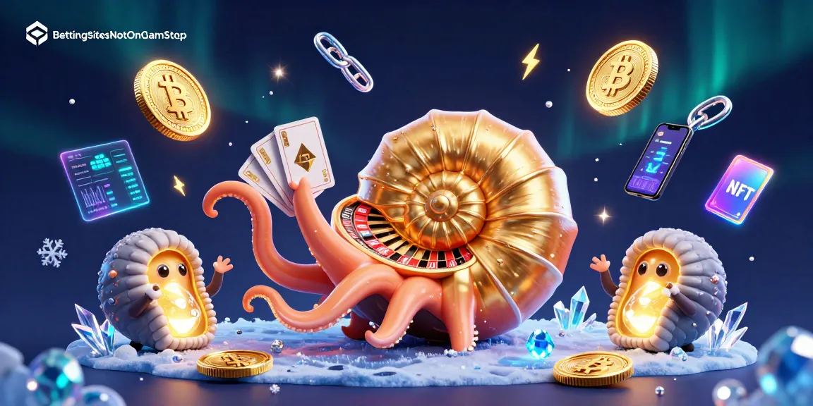 Engage in thrilling gameplay at BettingSitesNotOnGamStop with 3D crypto-themed elements swirling around a giant nautilus roulette.