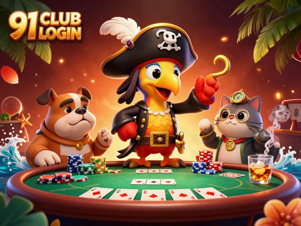 Engage in thrilling gameplay with 91 CLUB LOGIN featuring a lively scene of poker cards and characters.