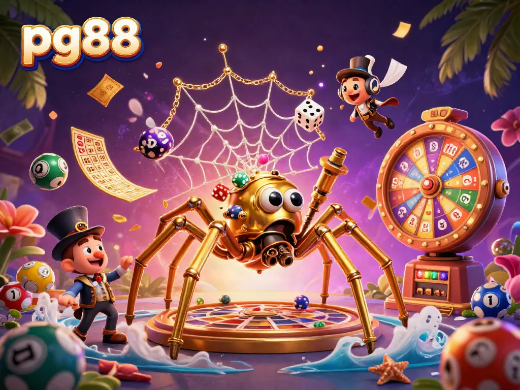Join pg88 in a vibrant 3D casino scene featuring colorful lottery balls and dynamic characters.