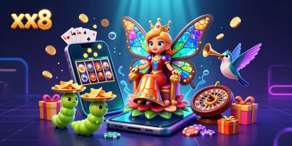 Experience the premier xx8 online casino with a vibrant 3D scene featuring games, shiny coins, and a magical atmosphere.