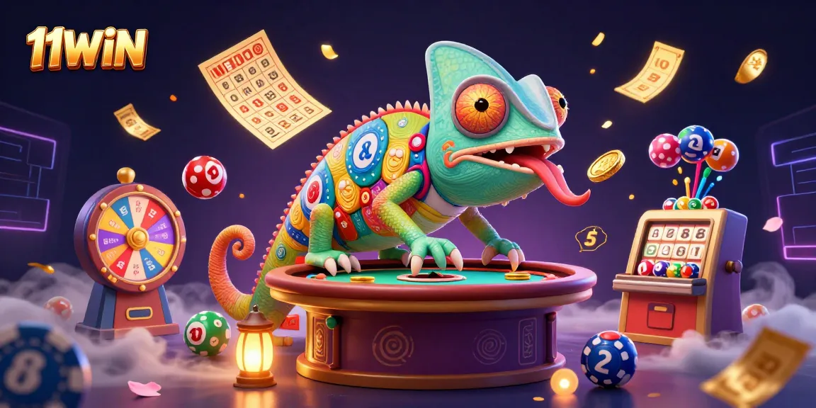Engage with 11WIN's vibrant casino scene featuring a chameleon owner and dynamic lottery elements.