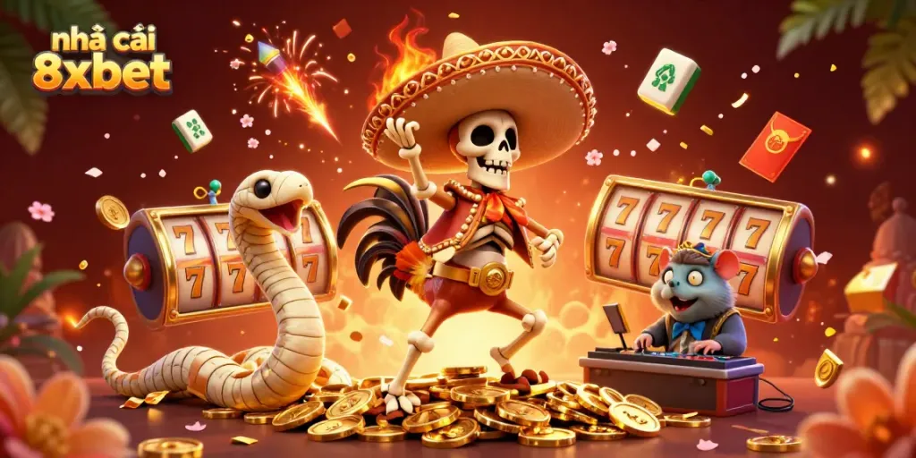 Engage with the vibrant action at nhà cái 8xbet featuring dynamic 3D characters celebrating on golden coins.