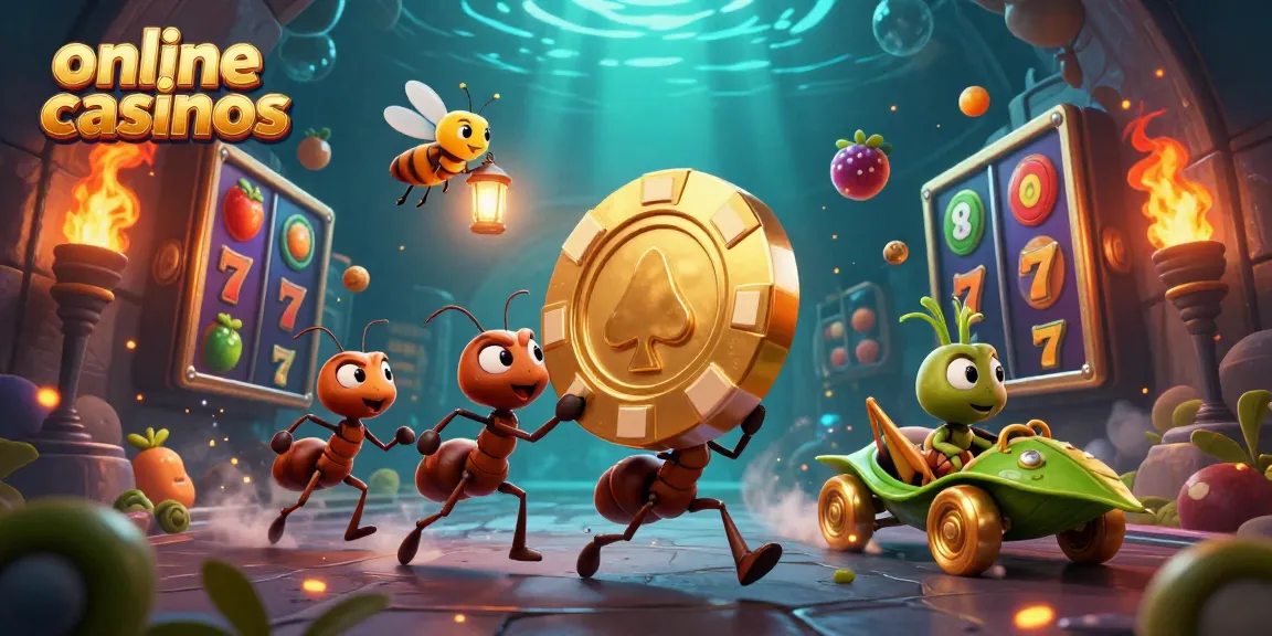 Engaging scene of ants carrying oversized golden poker chip in dynamic online casinos adventure.