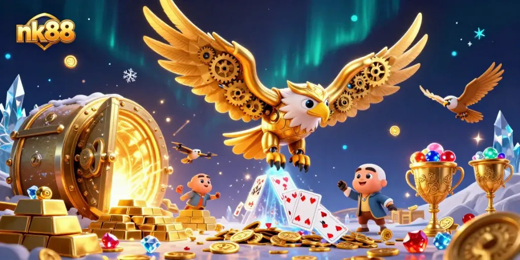 Experience the thrill of nk88 as the cybernetic eagle dives through a cascade of golden treasures.