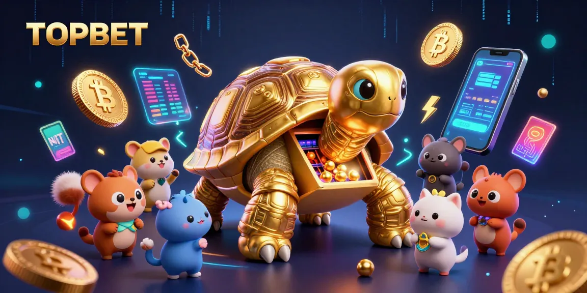 Experience the thrill of gaming at TOPBET with an exciting 3D cartoon scene featuring a giant golden tortoise and vibrant crypto elements.