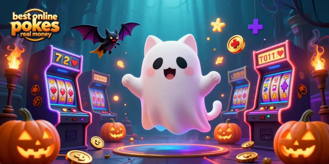 Play the best online pokies real money with an enchanted scene of a ghost cat and vampire bat at a haunted casino.