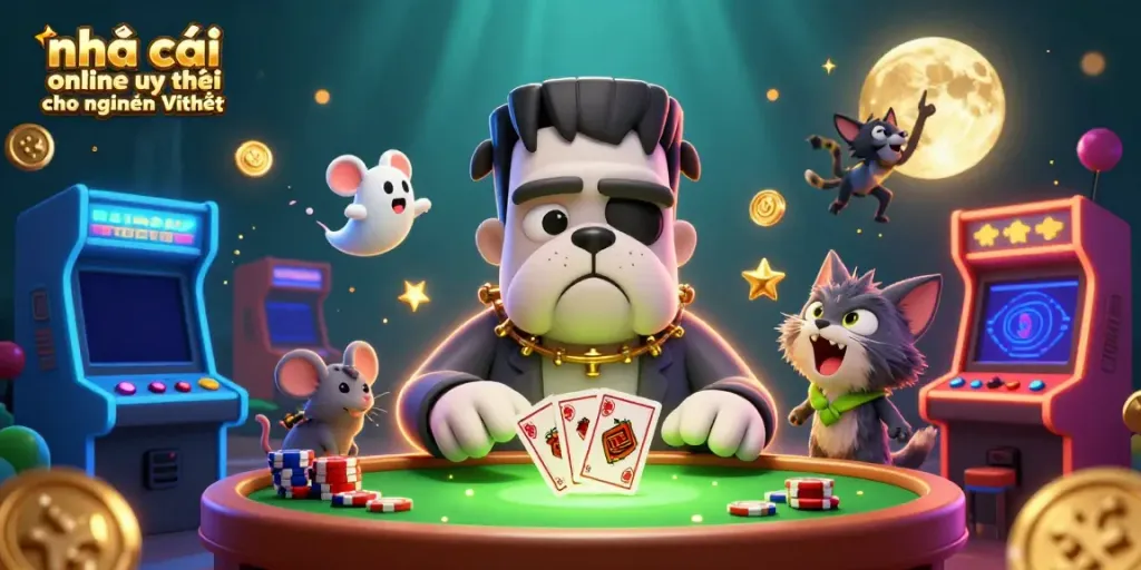 Engage with the 3D casino scene featuring the quirky Frankenstein bulldog dealing cards, showcasing nhà cái online uy tín cho người Việt.