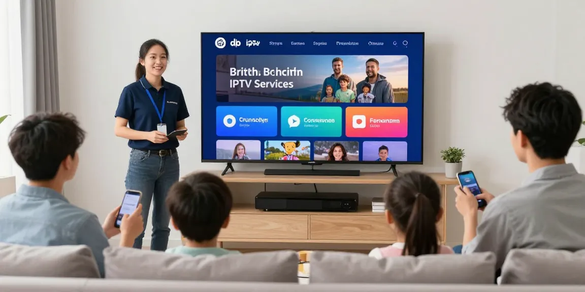 Trusted provider of British IPTV services, professional technician assisting family with setup in their home.